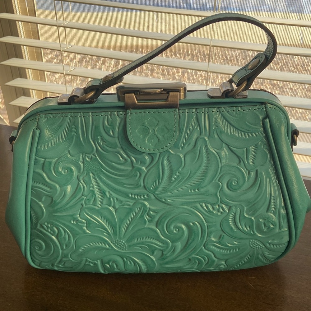 Patricia Nash Teal Blue Embossed Satchel with Vintage Design
